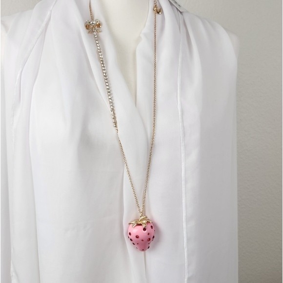 NWT Betsey Johnson Pink Strawberry-Red Rhinestone Long Necklace Gold Tone - Picture 5 of 7